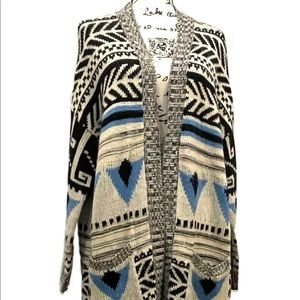 Vintage Bohemian style open aztec print, Blue Cardigan Sleeves finished in RIB⭐️